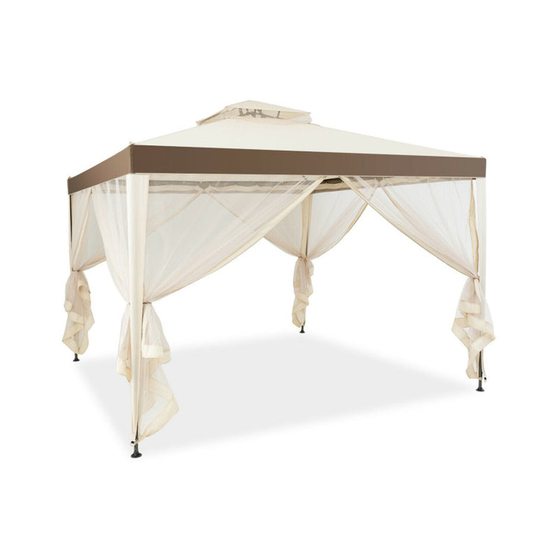 10 X 10 Feet Patio Canopy Gazebo with Neting and Double Tiered Roof - Life's Fun Treasures