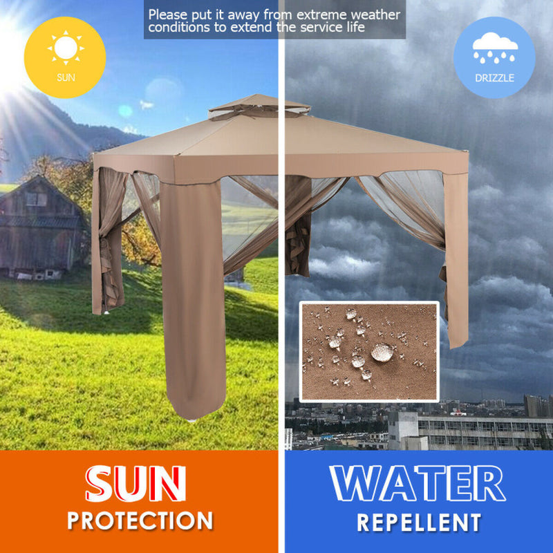 10x10 Ft Patio Gazebo with Netting and Double Tiered Roof - Life's Fun Treasures