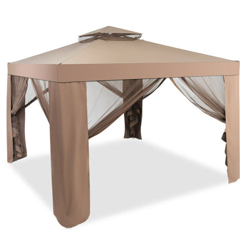 10 X 10 Feet Patio Canopy Gazebo with Neting and Double Tiered Roof - Life's Fun Treasures