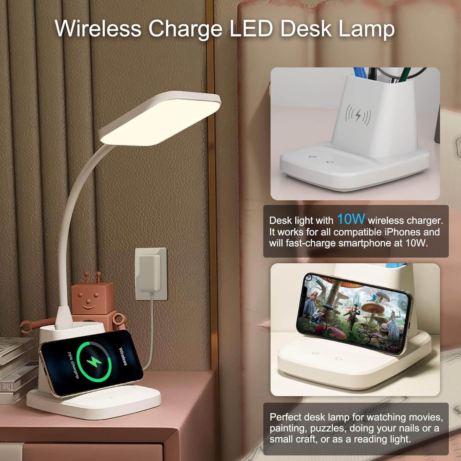 Upgraded LED Desk Lamp with Wireless Charger, White Small Desk Light - Life's Fun Treasures