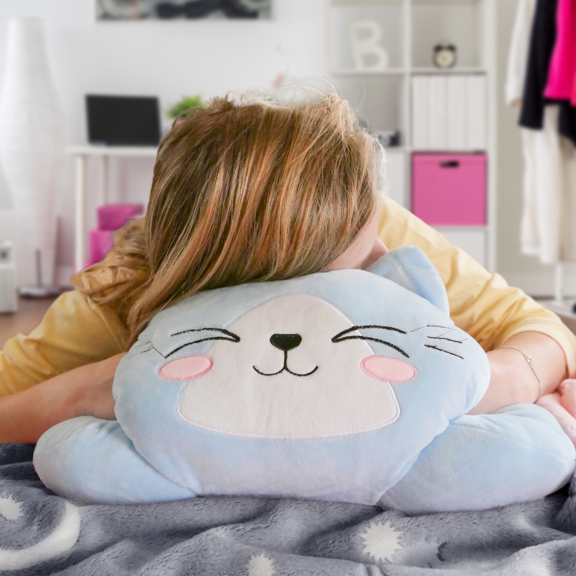 Glow in the dark Blanket, Moon Stars & Cat Neck Pillow-Blue - Life's Fun Treasures