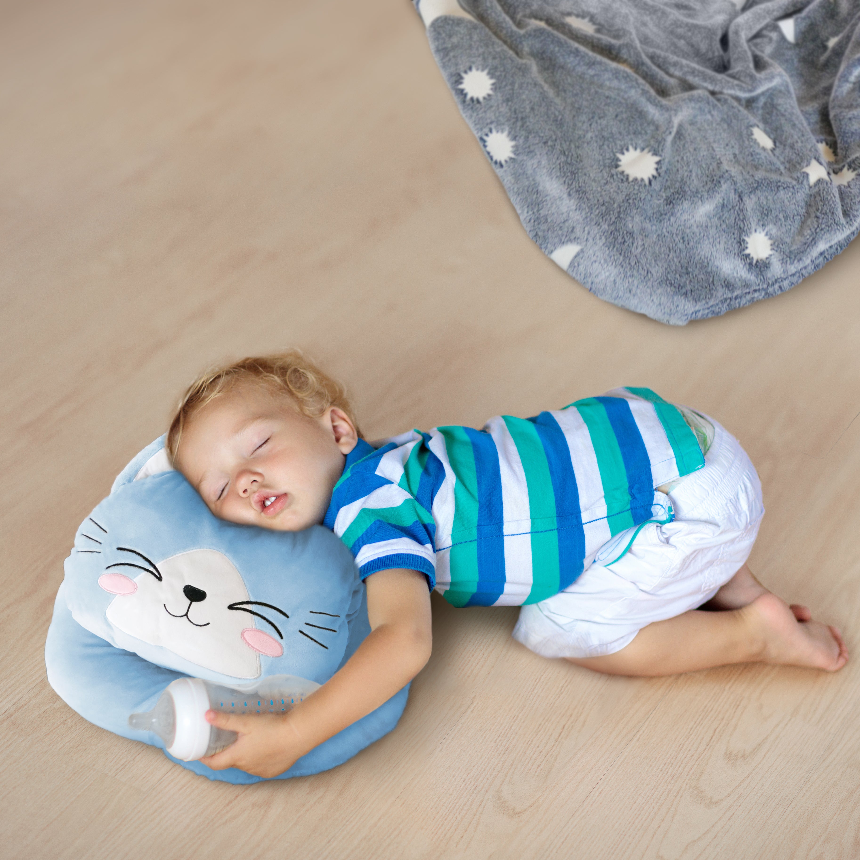 Glow in the dark Blanket, Moon Stars & Cat Neck Pillow-Blue - Life's Fun Treasures