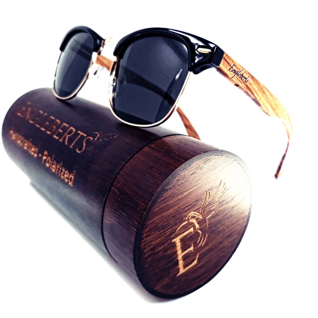 Real Walnut Wood Club Style Sunglasses With Bamboo Case, Polarized - Life's Fun Treasures