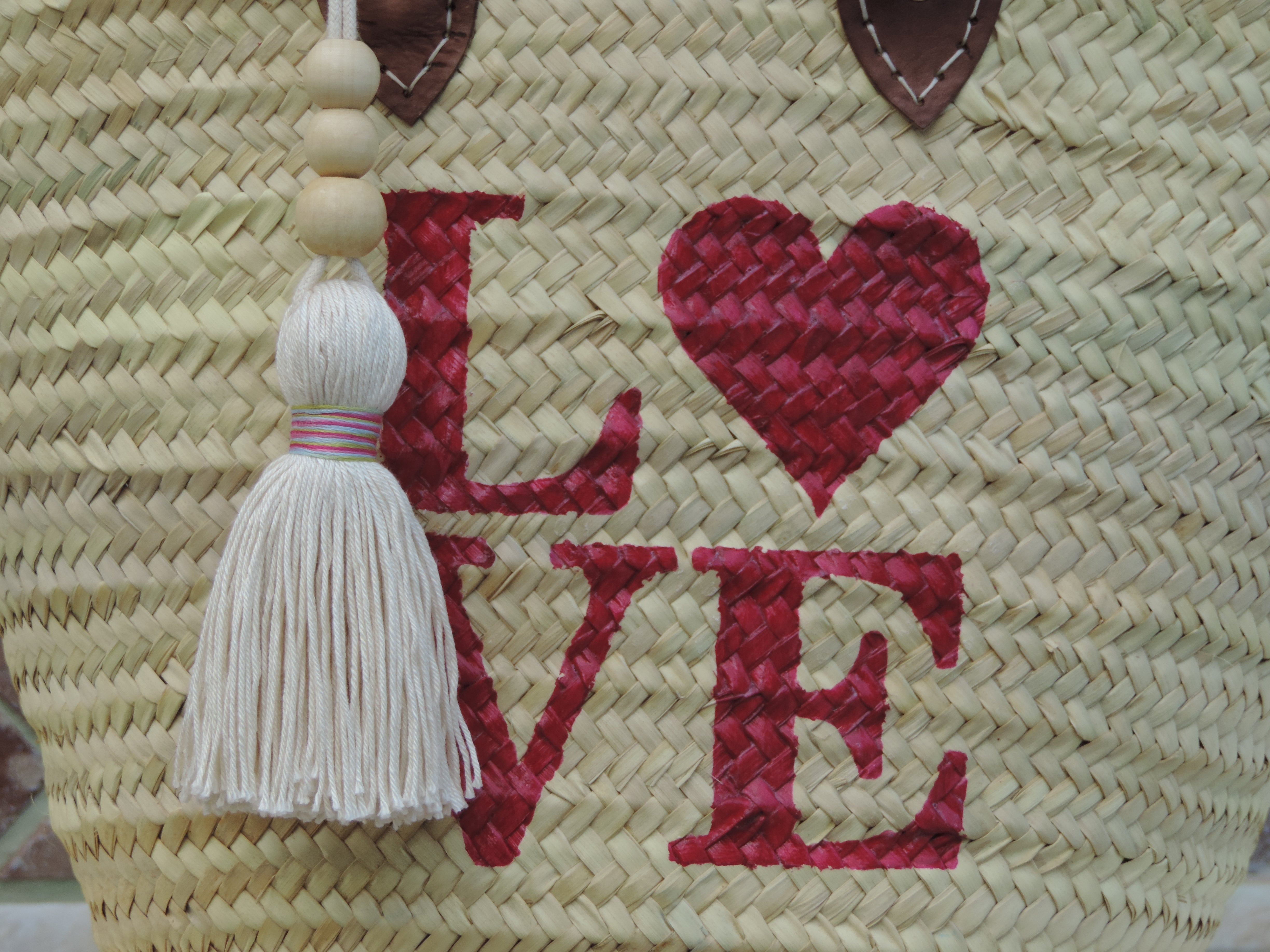 Straw Bag with Hand-Painted Magenta LOVE Design - Life's Fun Treasures