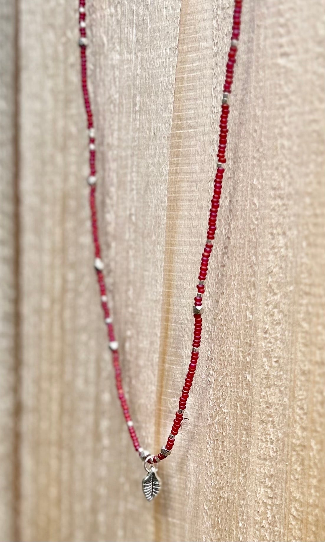 Magenta Seed Bead Boho Necklace with Silver Leaf Charm - Life's Fun Treasures