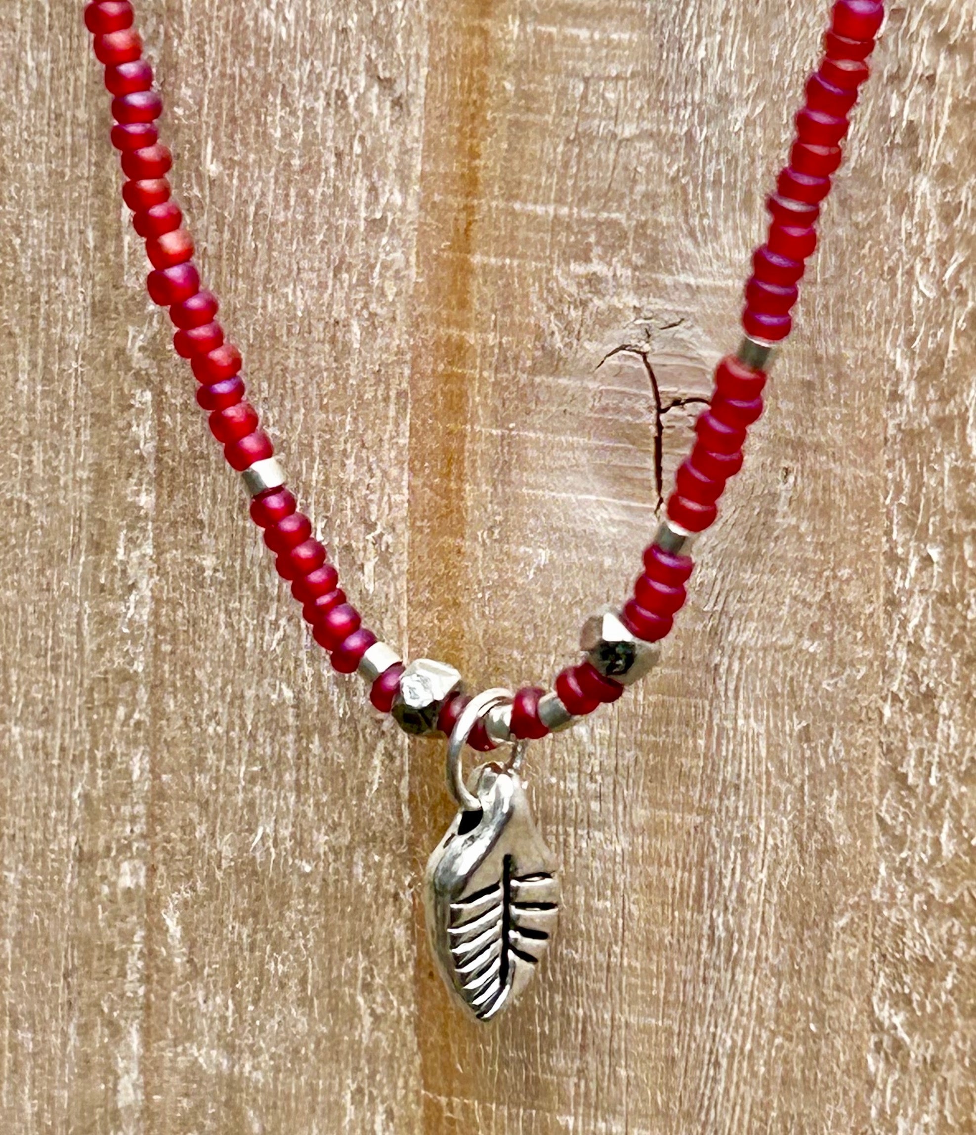 Magenta Seed Bead Boho Necklace with Silver Leaf Charm - Life's Fun Treasures