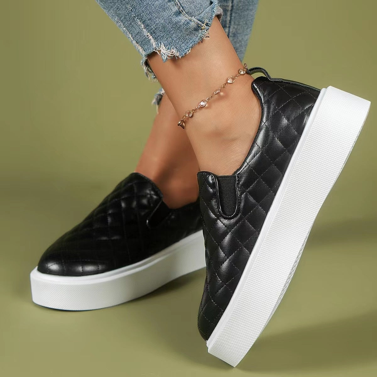Slip-on Flats Loafers Lightweight  Casual Platform Shoes White/Black - Life's Fun Treasures