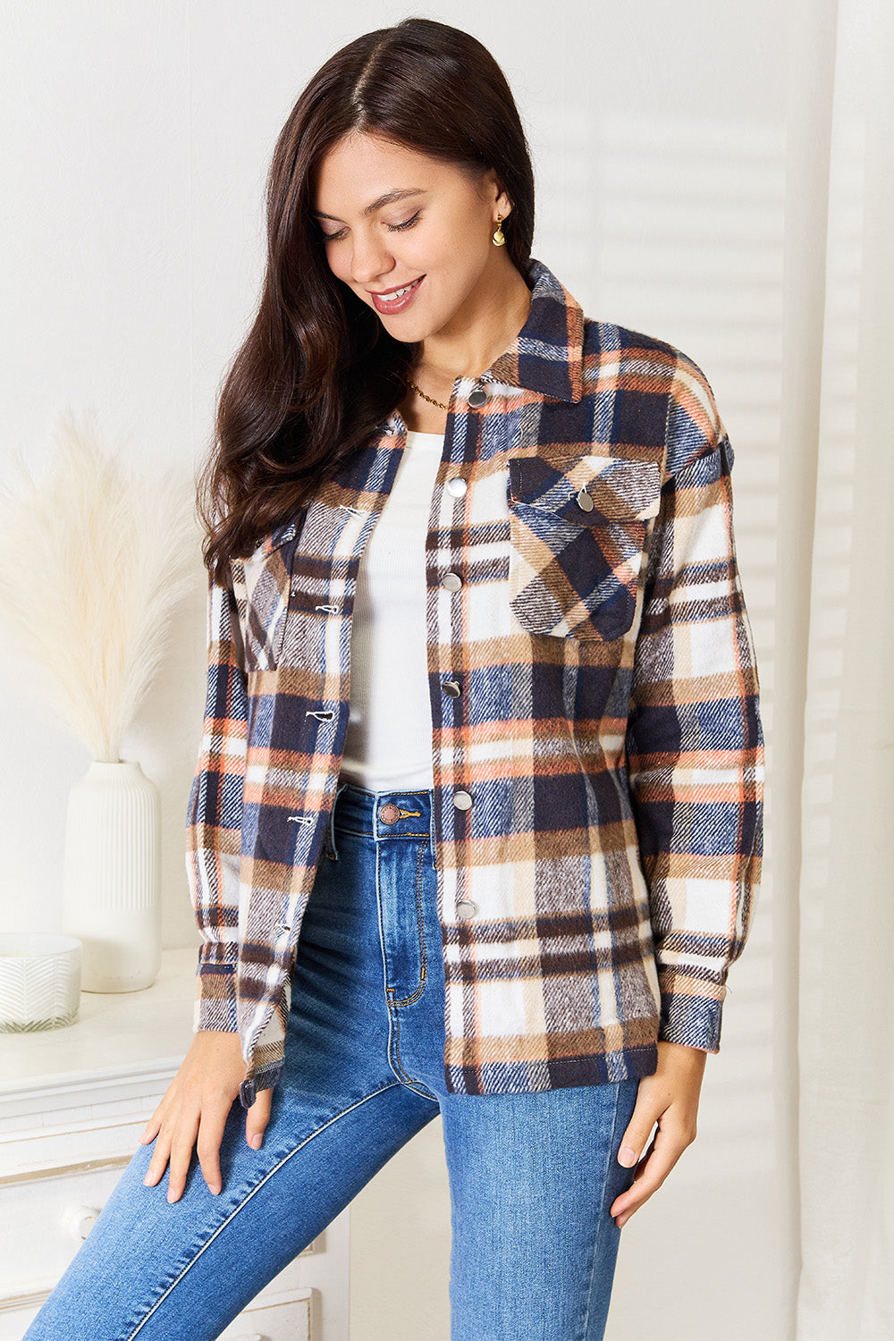 Double Take Plaid Button Front Shirt Jacket with Breast Pockets - Life's Fun Treasures