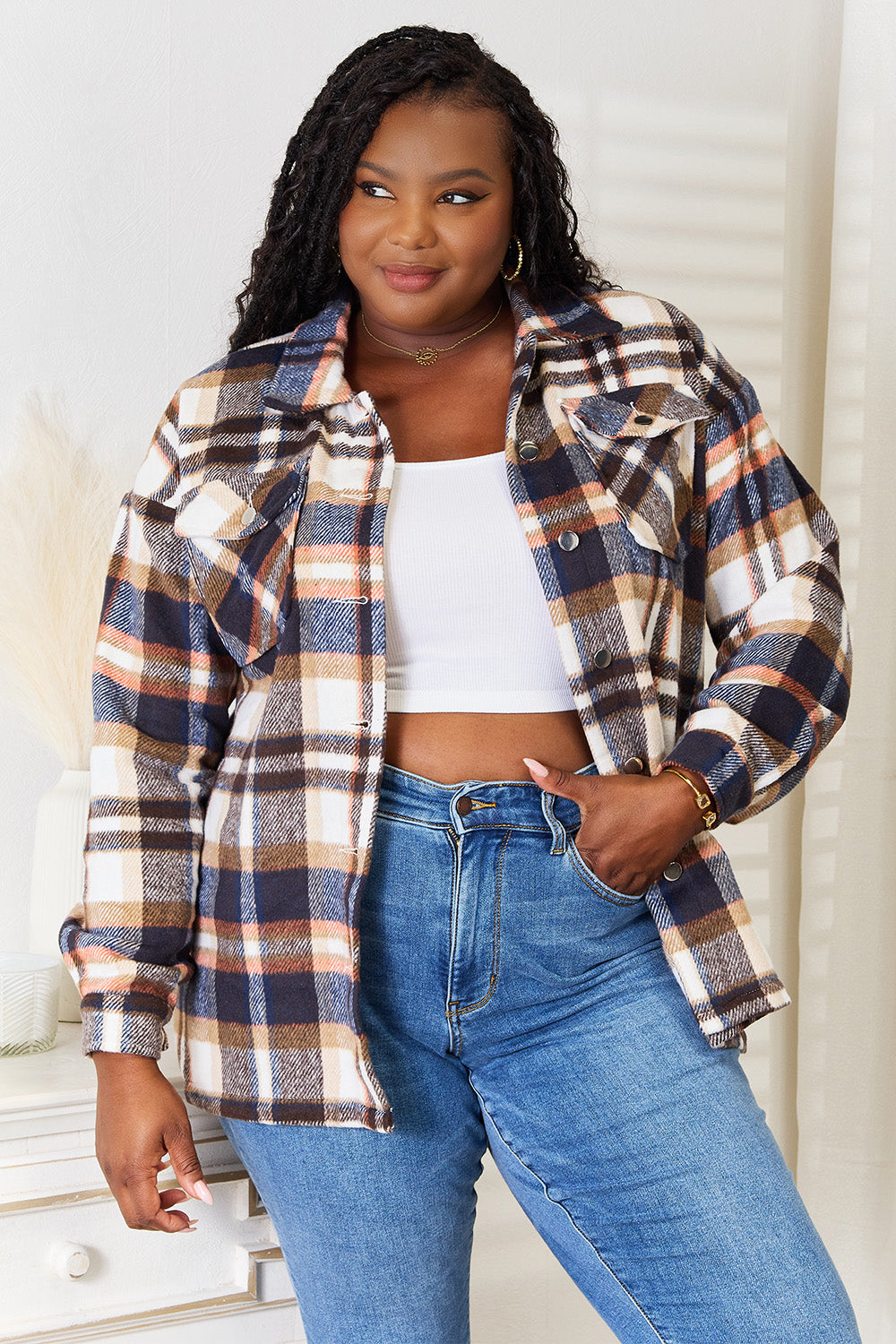 Double Take Plaid Button Front Shirt Jacket with Breast Pockets - Life's Fun Treasures