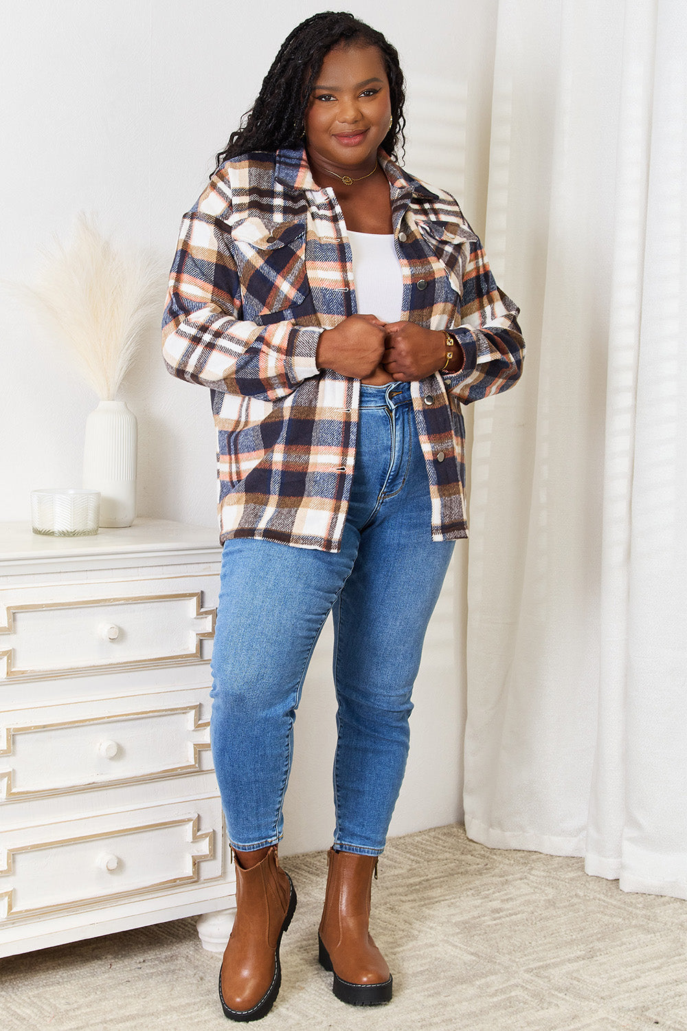 Double Take Plaid Button Front Shirt Jacket with Breast Pockets - Life's Fun Treasures
