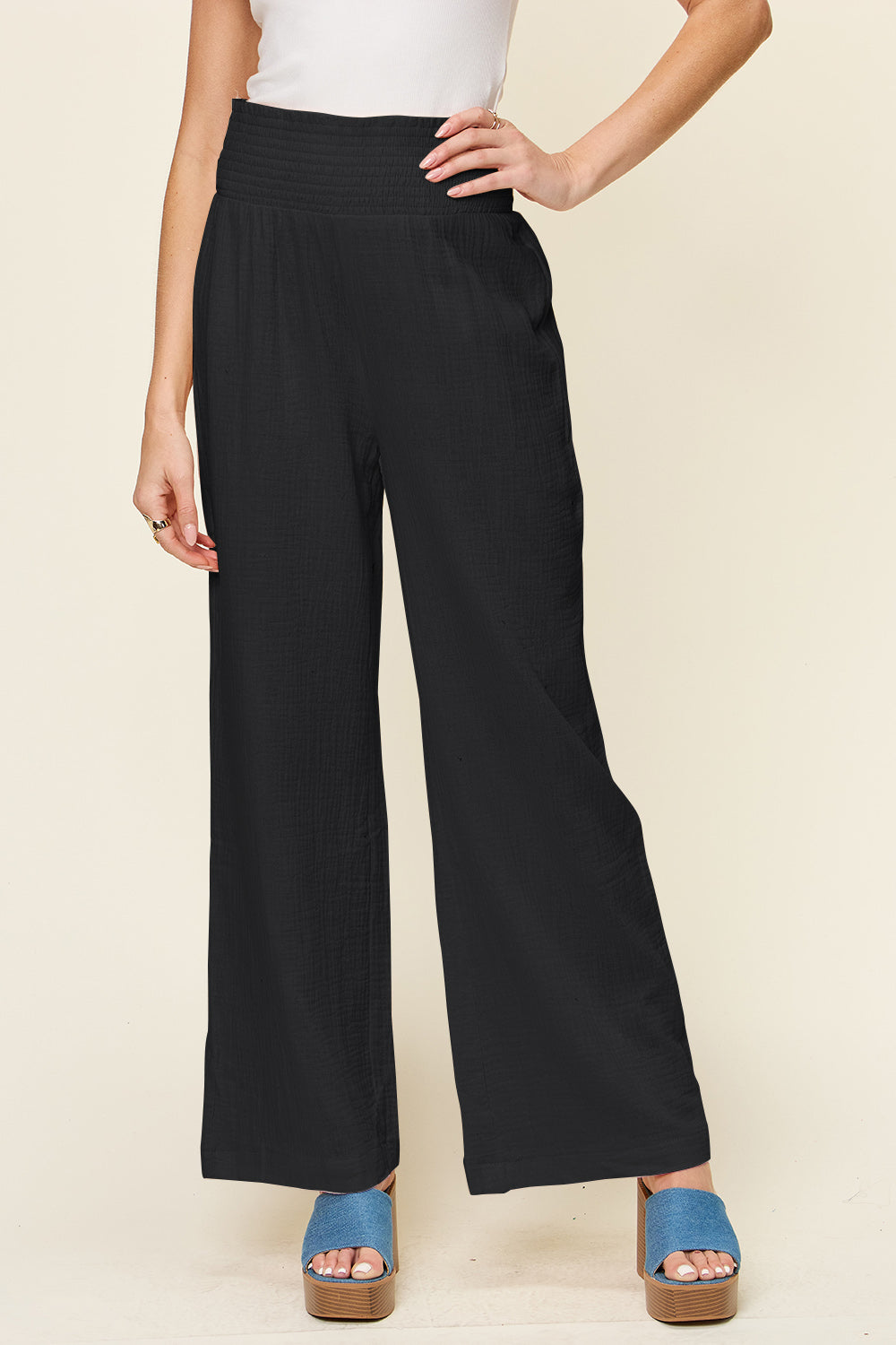 Double Take Full Size Texture Smocked Waist Wide Leg Pants - Life's Fun Treasures