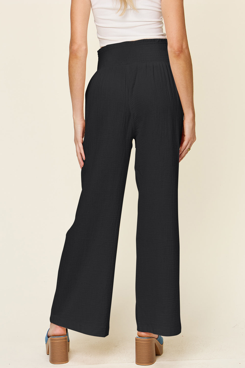Double Take Full Size Texture Smocked Waist Wide Leg Pants - Life's Fun Treasures