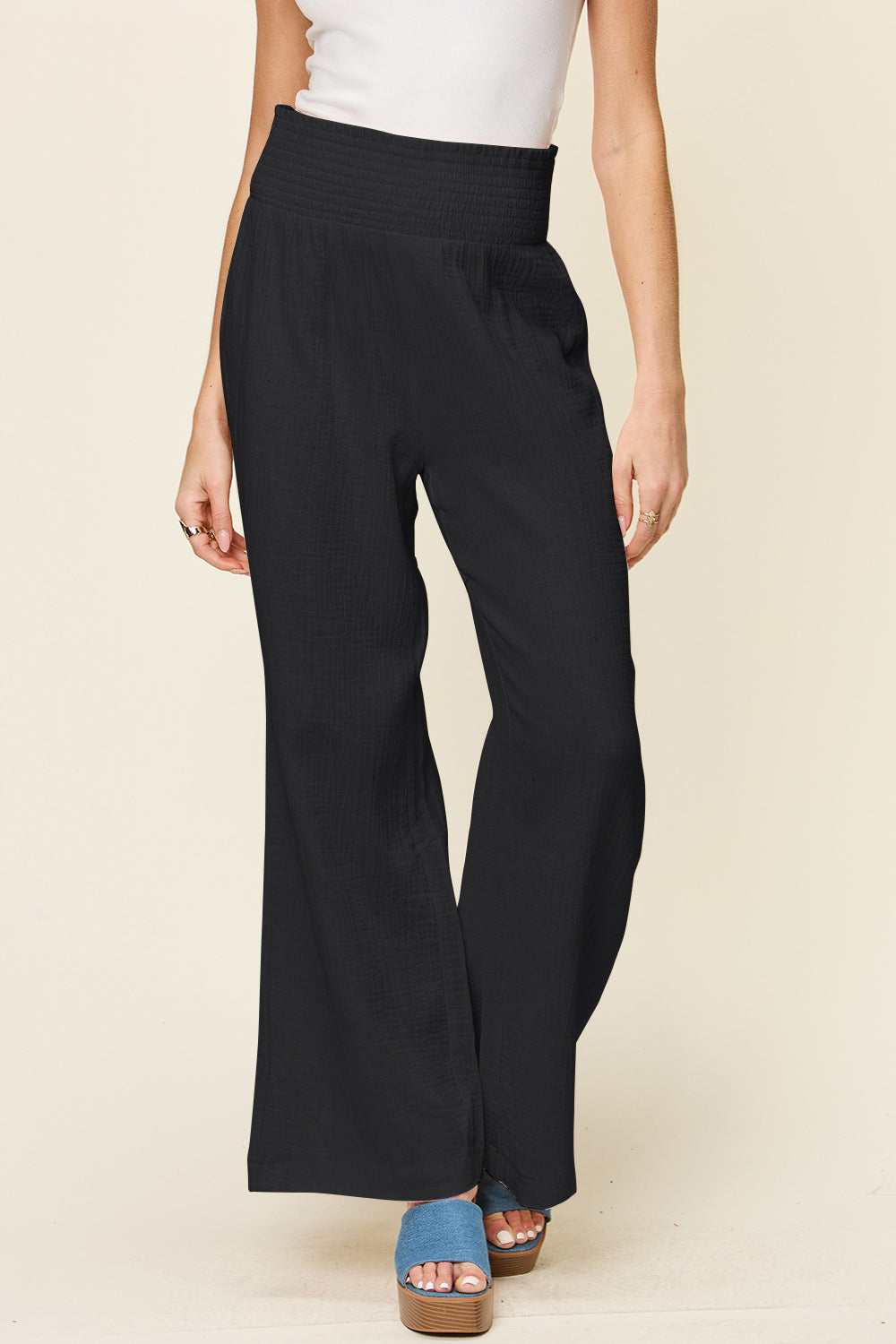 Double Take Full Size Texture Smocked Waist Wide Leg Pants - Life's Fun Treasures