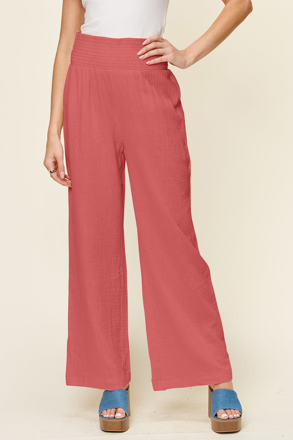 Double Take Full Size Texture Smocked Waist Wide Leg Pants - Life's Fun Treasures