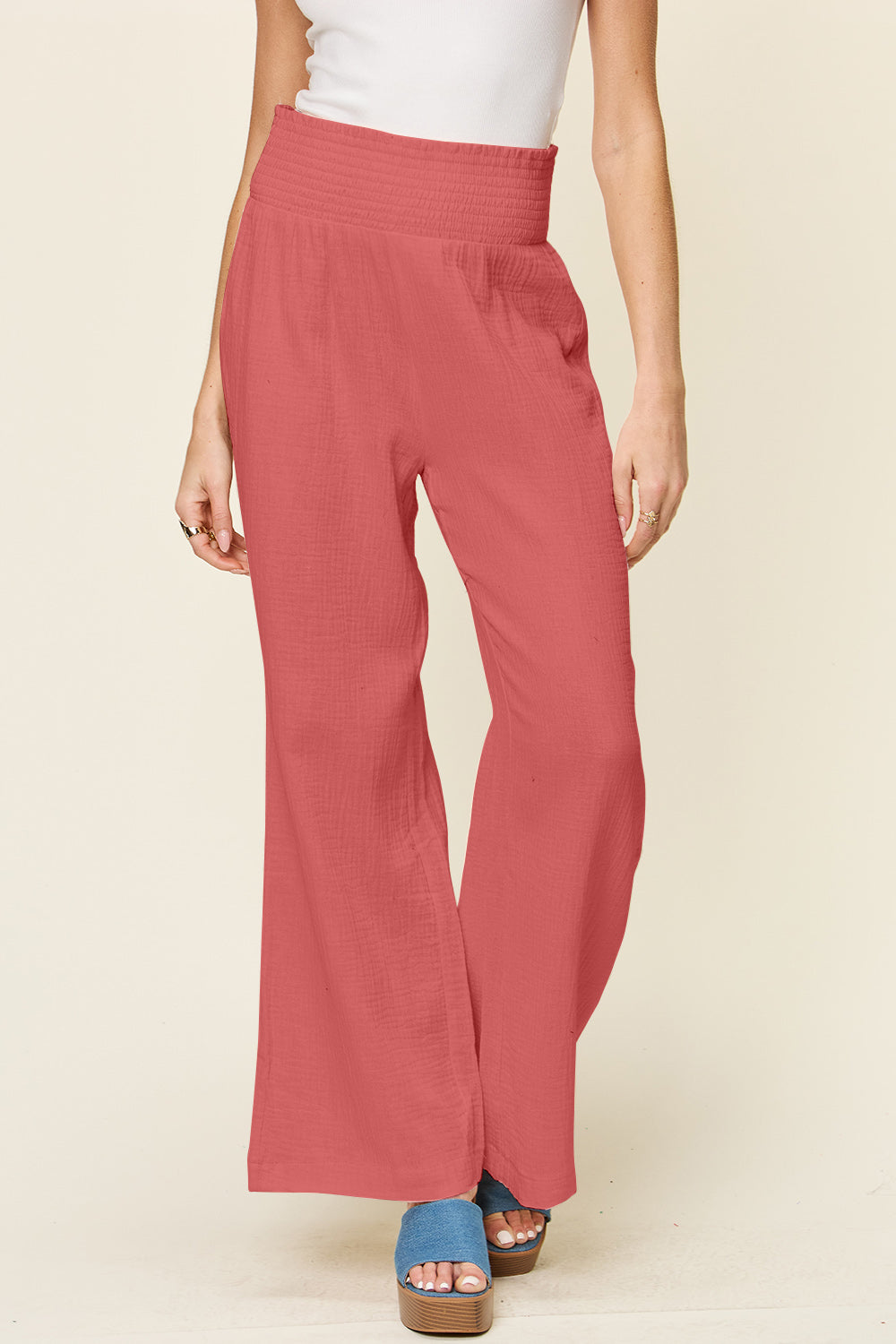 Double Take Full Size Texture Smocked Waist Wide Leg Pants - Life's Fun Treasures