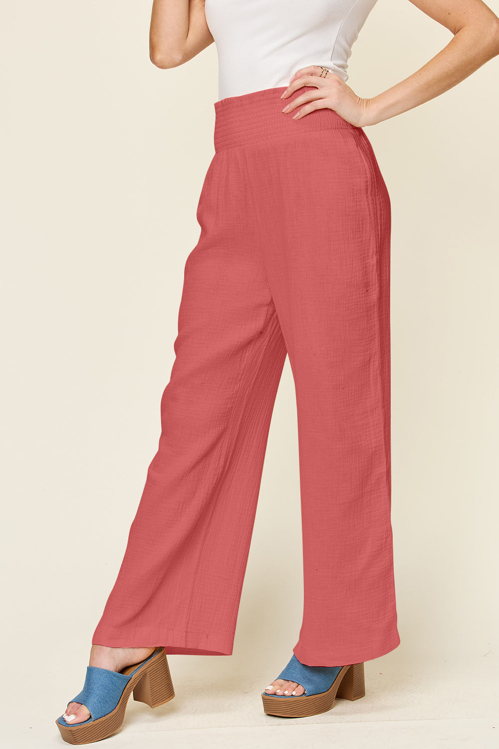 Double Take Full Size Texture Smocked Waist Wide Leg Pants - Life's Fun Treasures