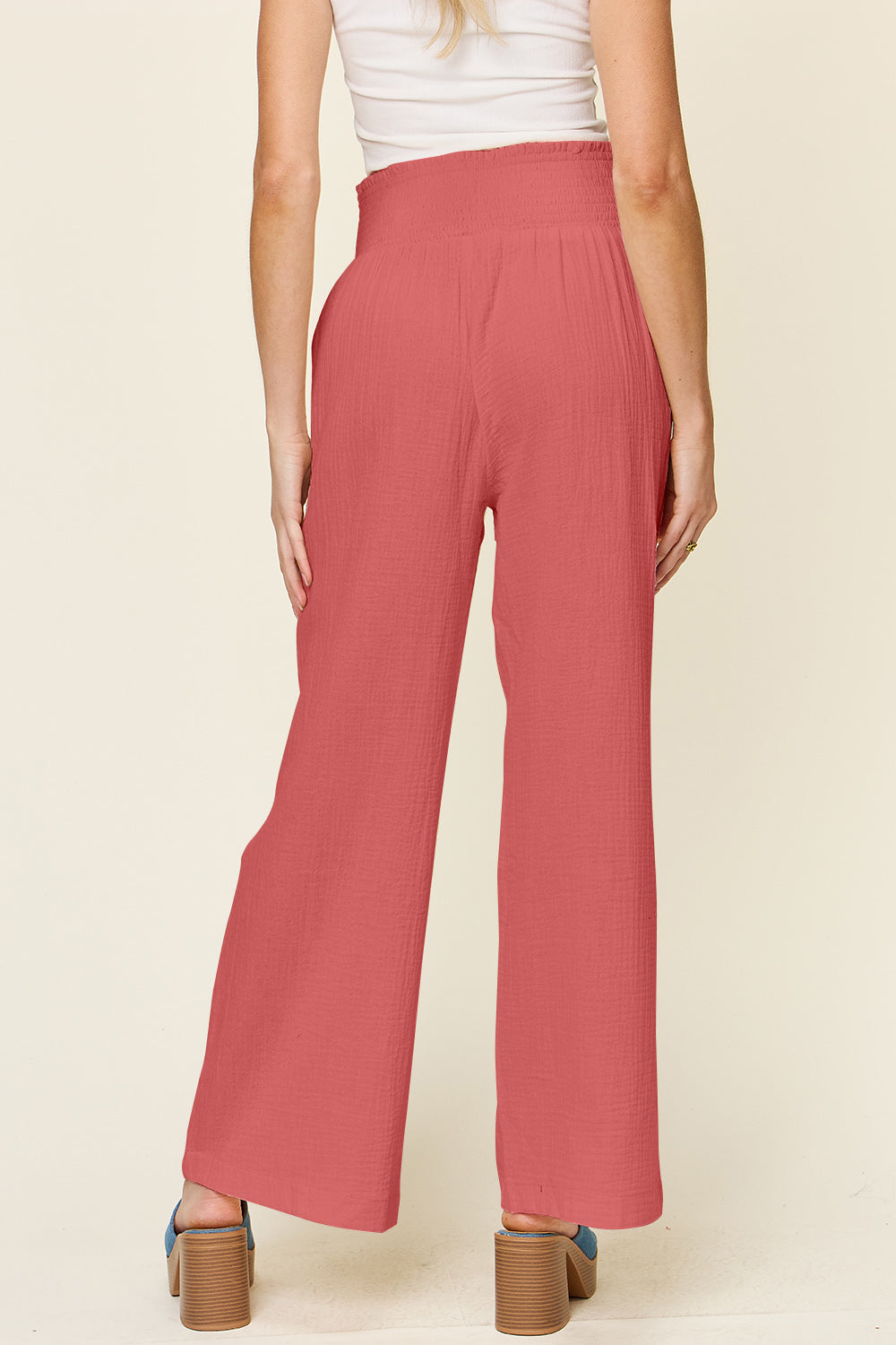 Double Take Full Size Texture Smocked Waist Wide Leg Pants - Life's Fun Treasures
