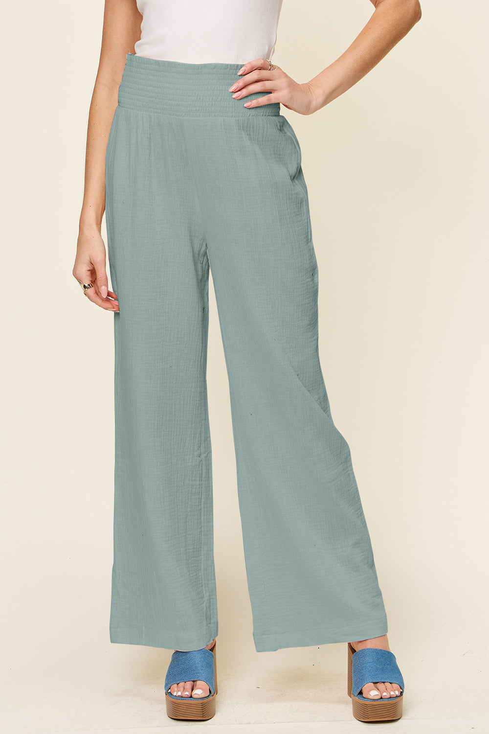 Double Take Full Size Texture Smocked Waist Wide Leg Pants - Life's Fun Treasures