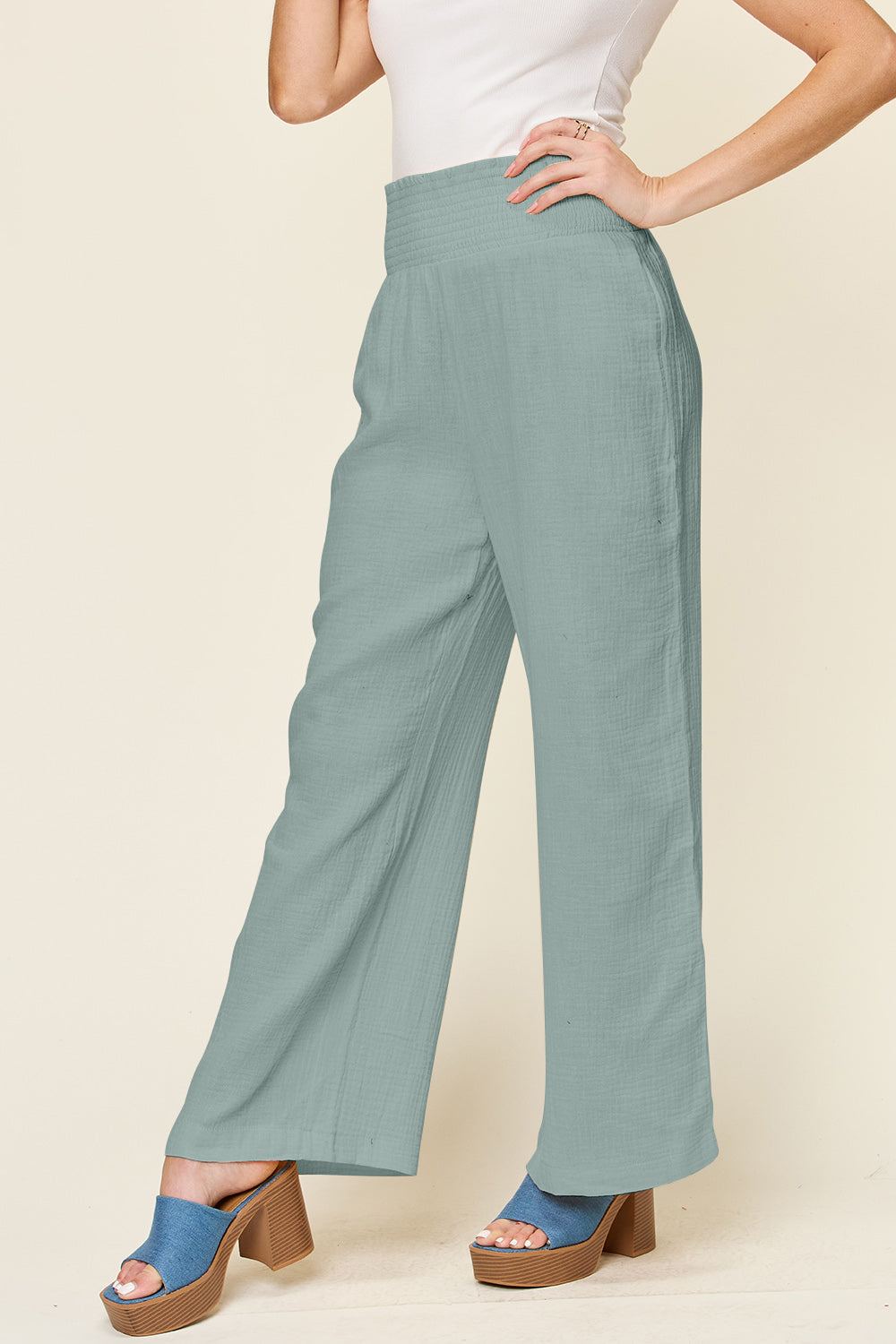 Double Take Full Size Texture Smocked Waist Wide Leg Pants - Life's Fun Treasures