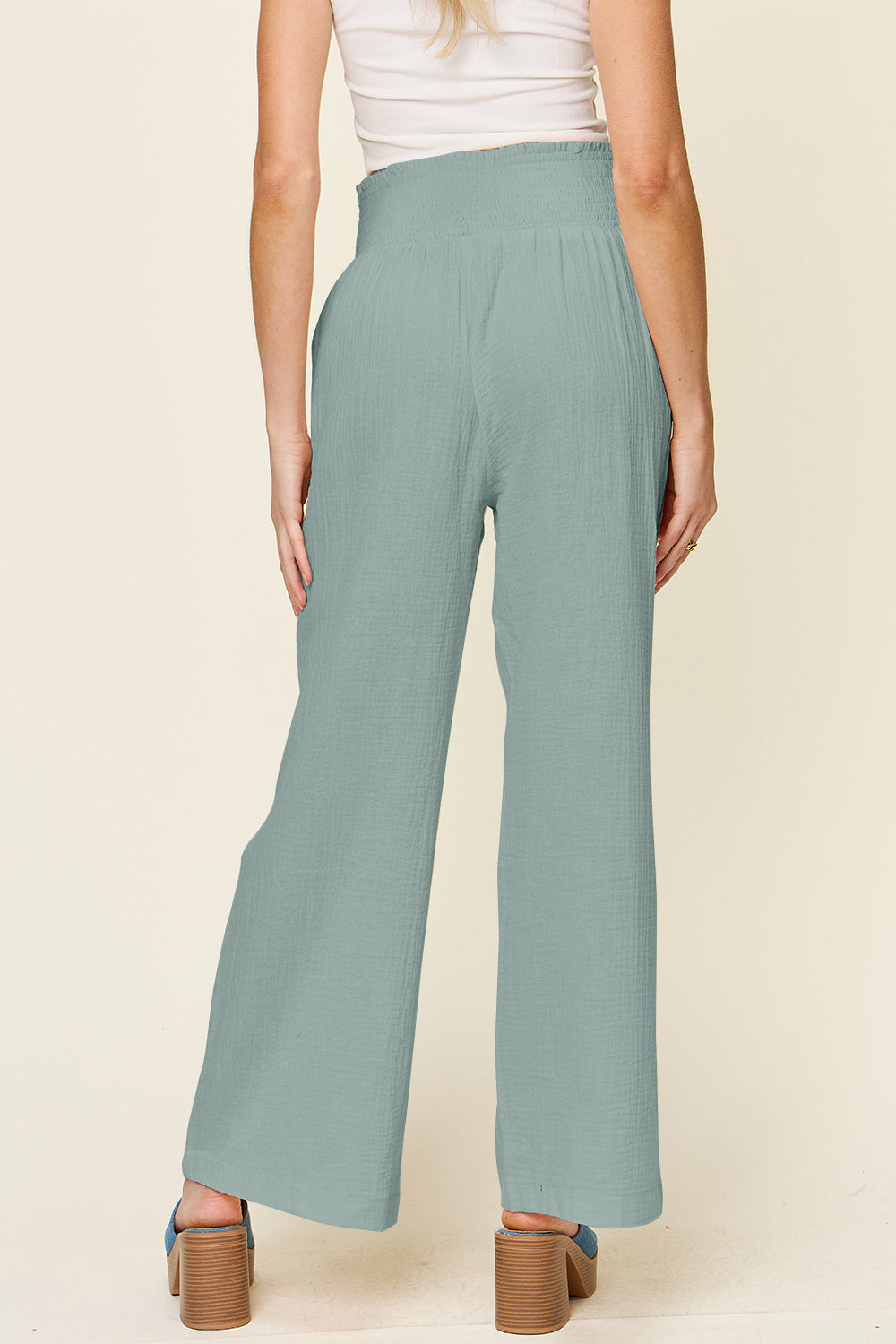 Double Take Full Size Texture Smocked Waist Wide Leg Pants - Life's Fun Treasures
