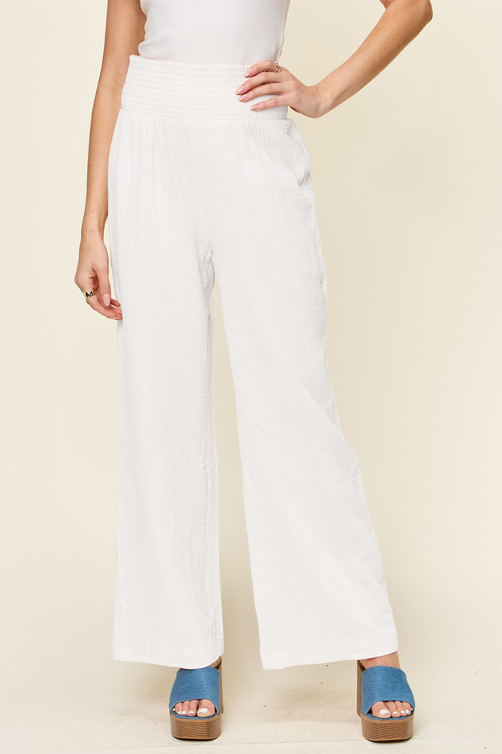 Double Take Full Size Texture Smocked Waist Wide Leg Pants - Life's Fun Treasures