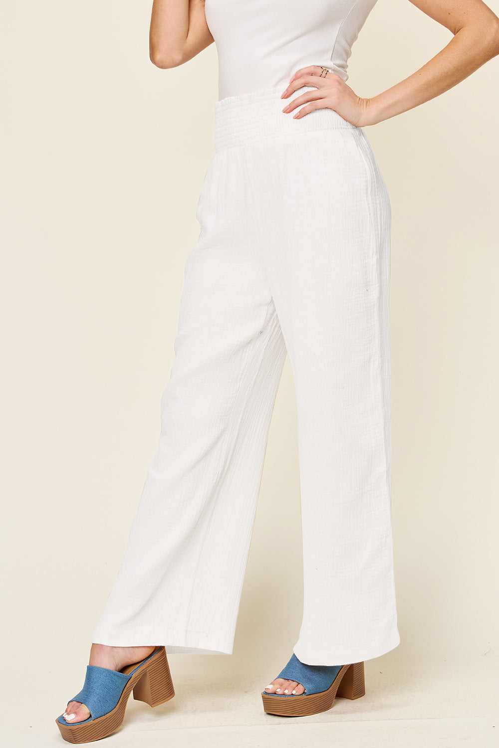Double Take Full Size Texture Smocked Waist Wide Leg Pants - Life's Fun Treasures