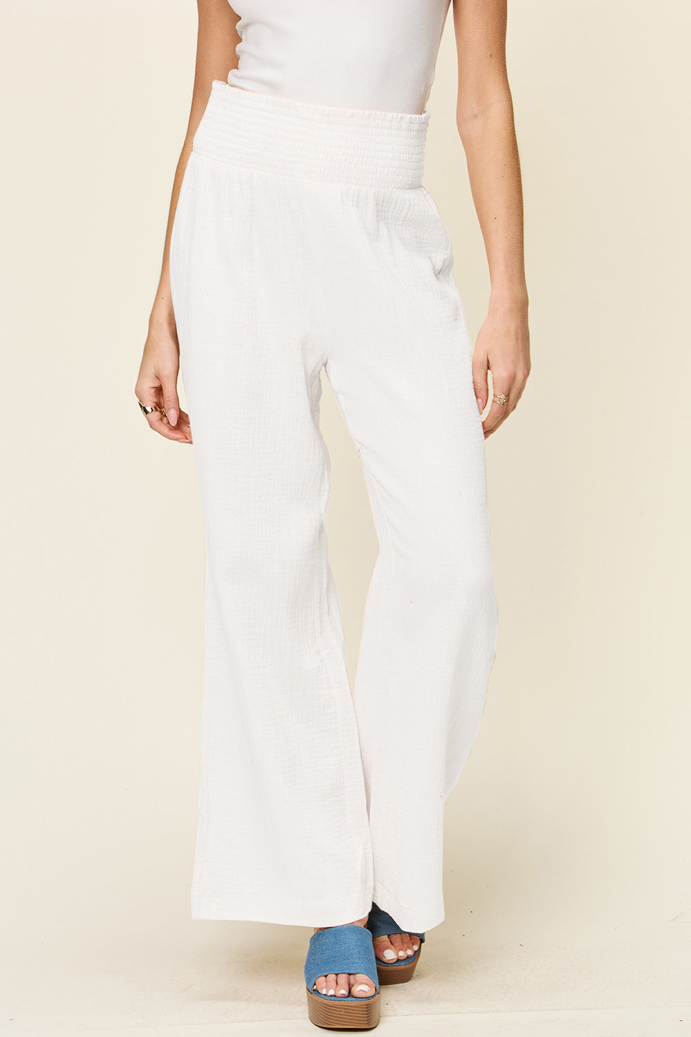 Double Take Full Size Texture Smocked Waist Wide Leg Pants - Life's Fun Treasures