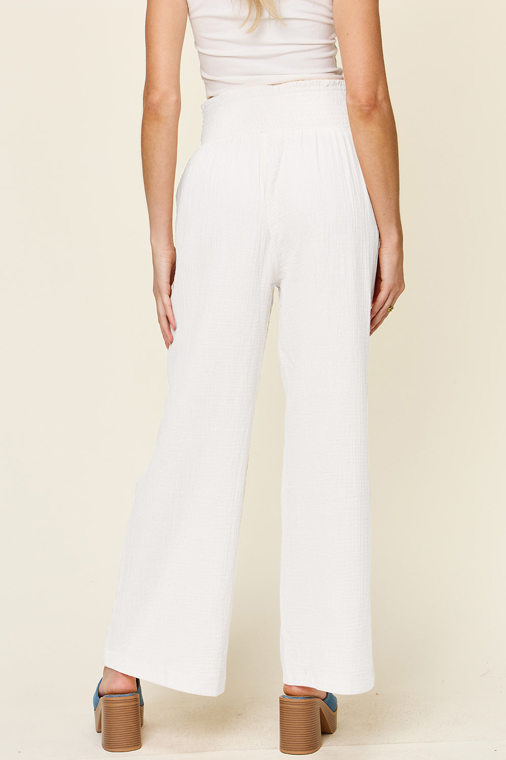 Double Take Full Size Texture Smocked Waist Wide Leg Pants - Life's Fun Treasures
