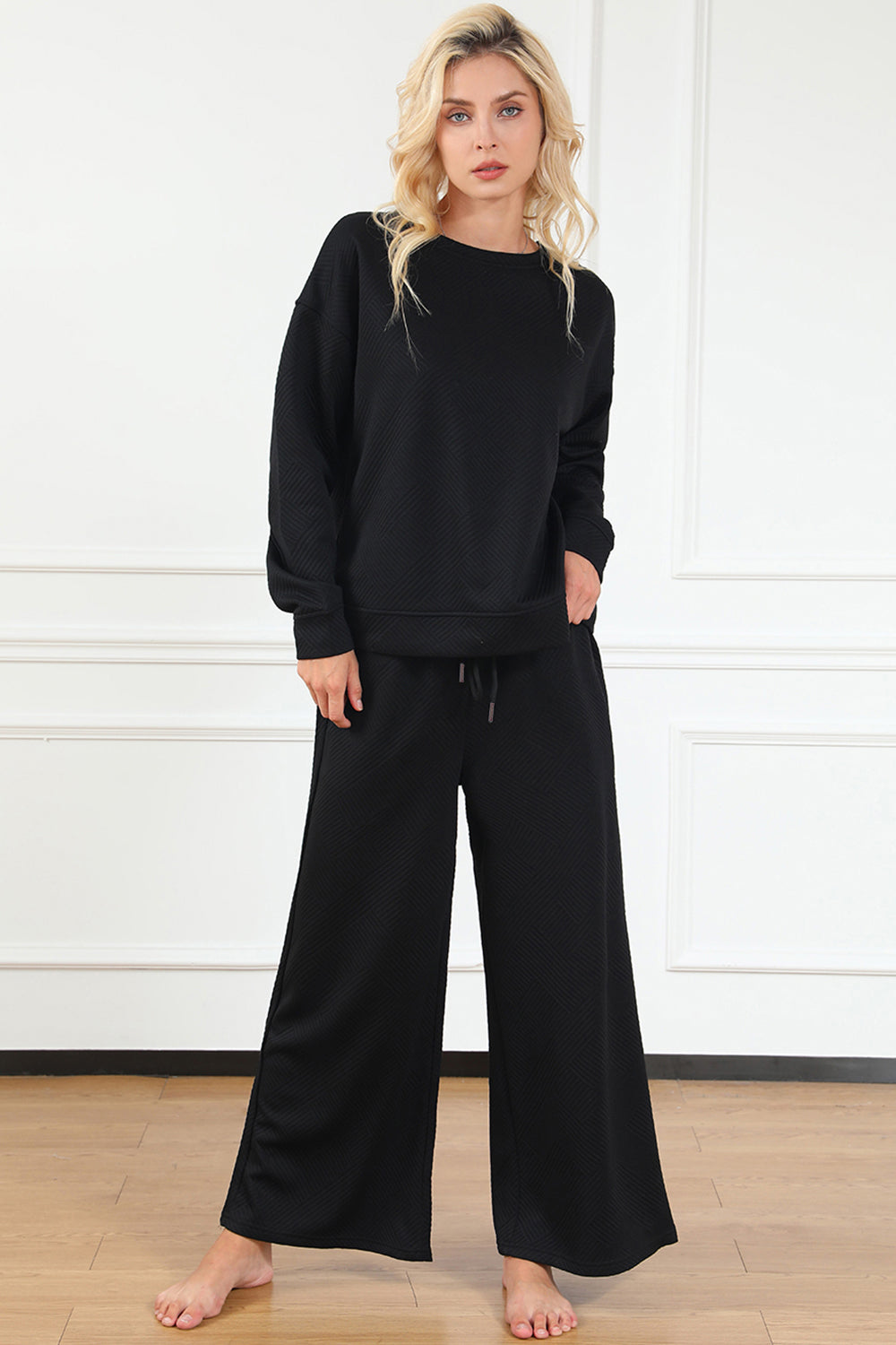 Double Take Full Size Textured Long Sleeve Top and Drawstring Pants Set - Life's Fun Treasures