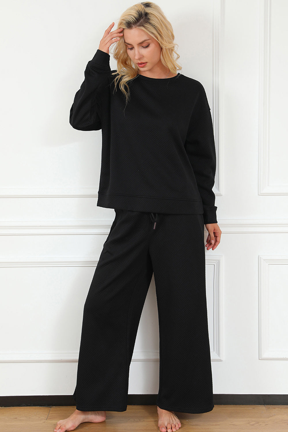 Double Take Full Size Textured Long Sleeve Top and Drawstring Pants Set - Life's Fun Treasures