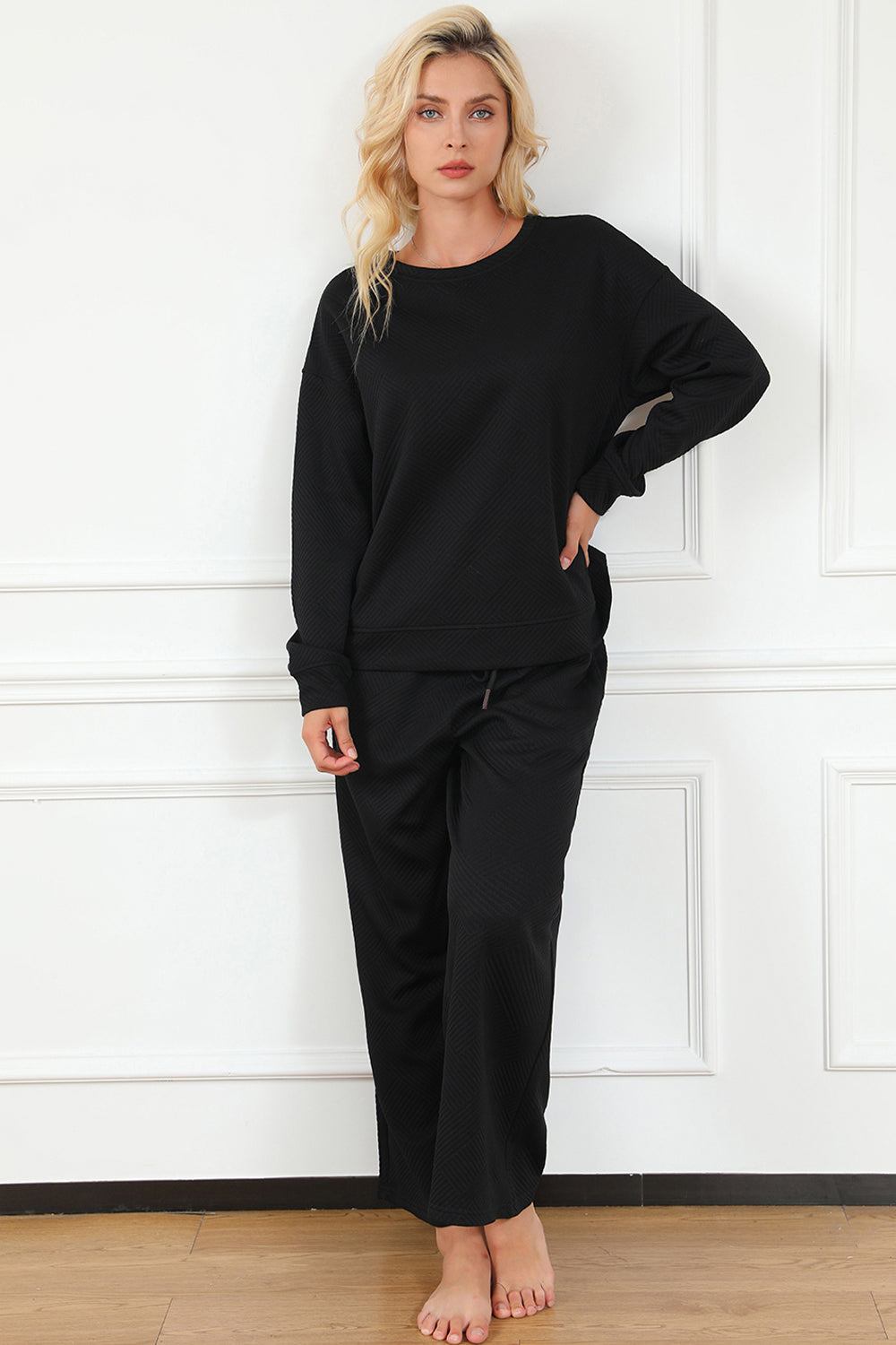 Double Take Full Size Textured Long Sleeve Top and Drawstring Pants Set - Life's Fun Treasures