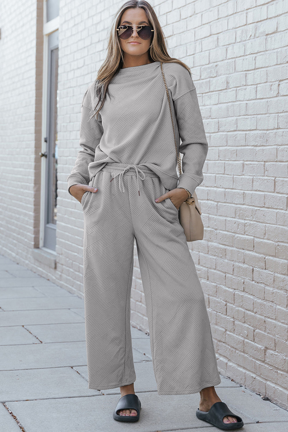 Double Take Full Size Textured Long Sleeve Top and Drawstring Pants Set - Life's Fun Treasures