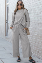Double Take Full Size Textured Long Sleeve Top and Drawstring Pants Set - Life's Fun Treasures