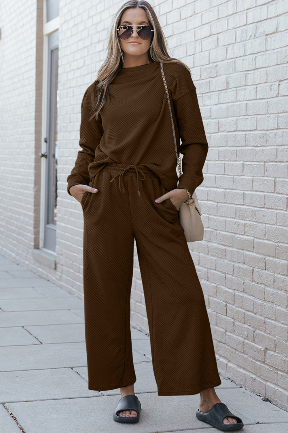 Double Take Full Size Textured Long Sleeve Top and Drawstring Pants Set - Life's Fun Treasures