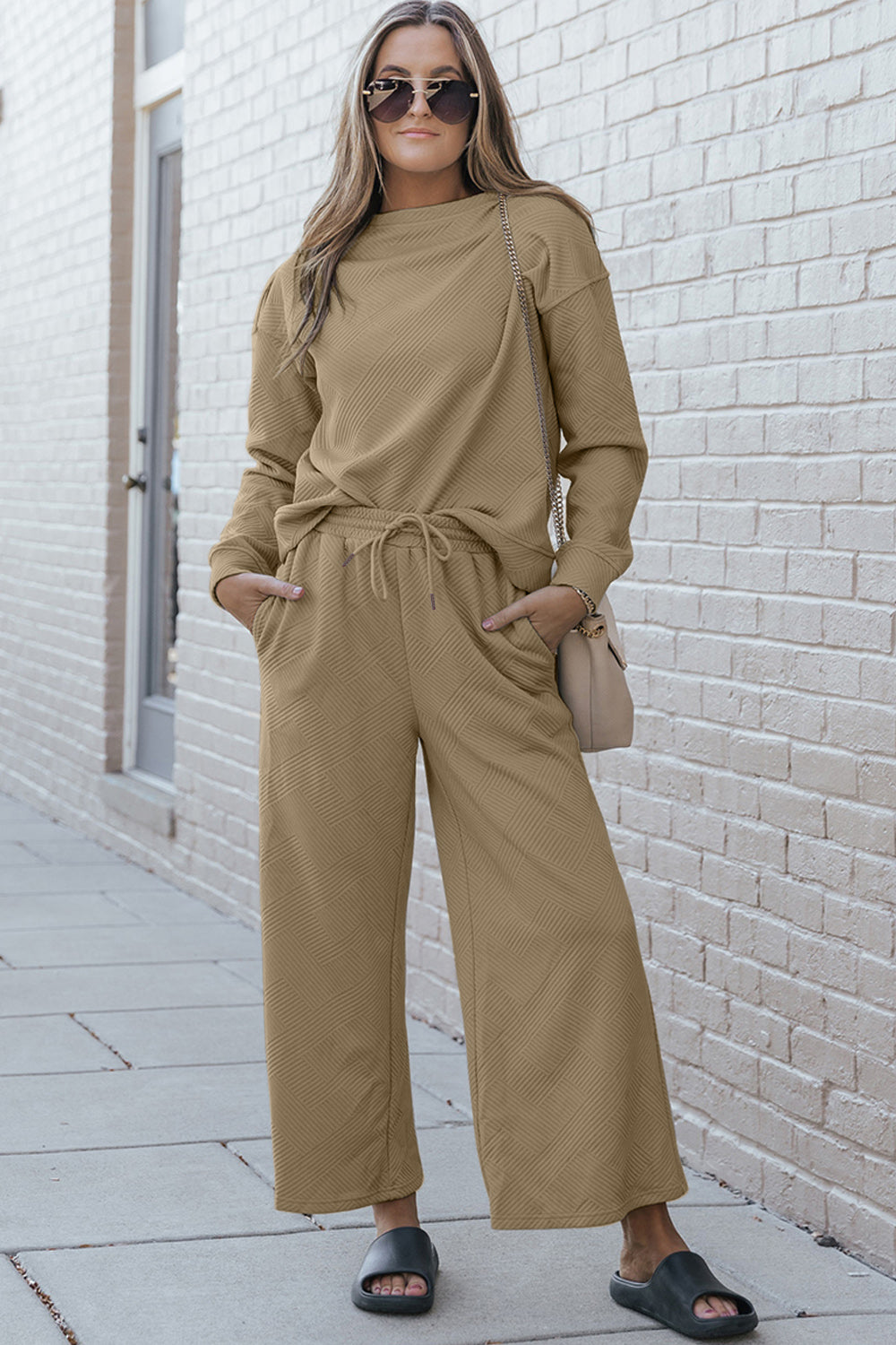 Double Take Full Size Textured Long Sleeve Top and Drawstring Pants Set - Life's Fun Treasures