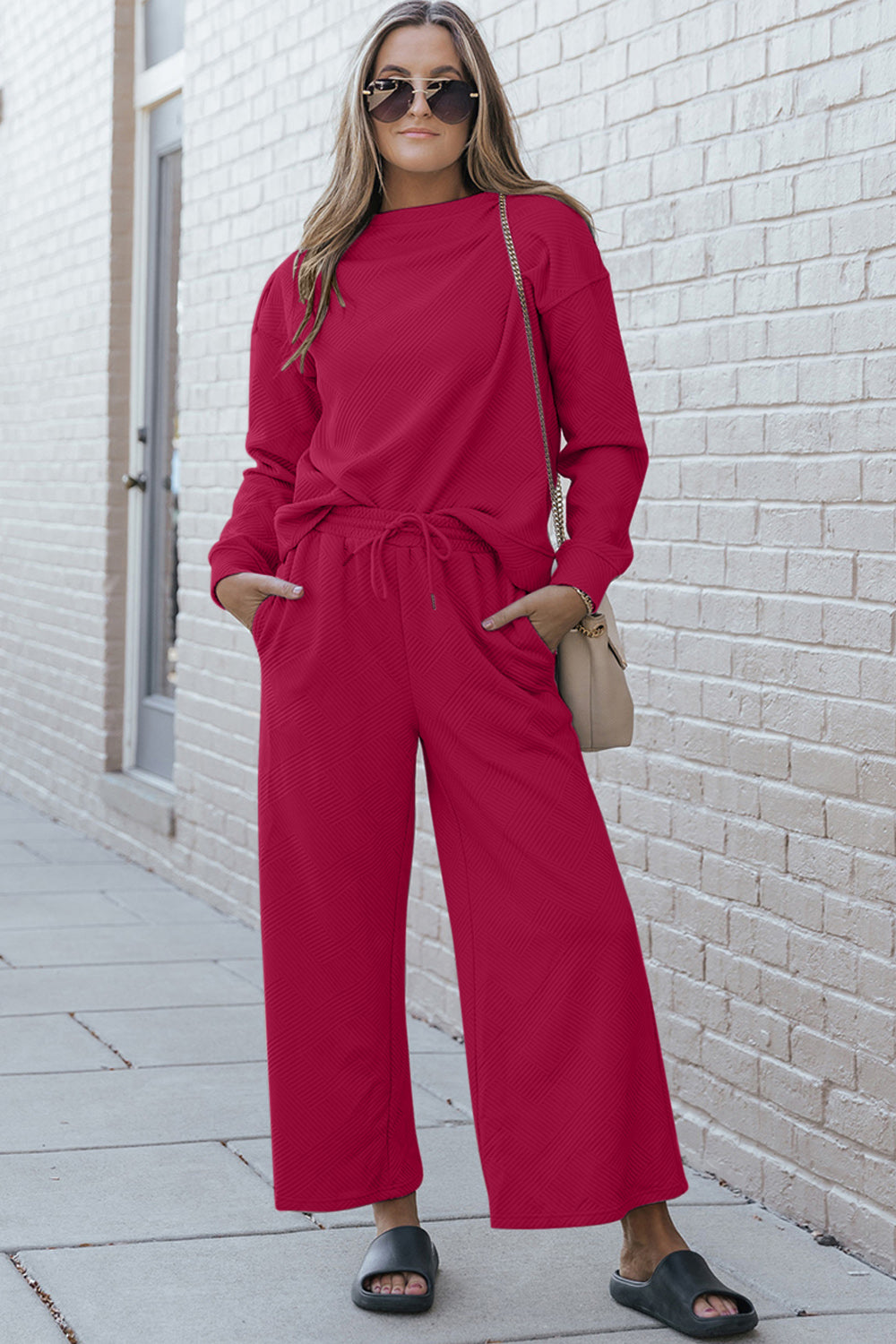 Double Take Full Size Textured Long Sleeve Top and Drawstring Pants Set - Life's Fun Treasures