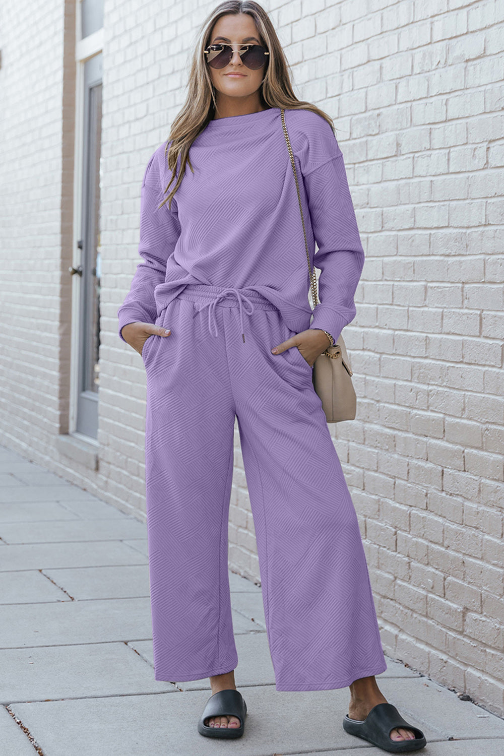 Double Take Full Size Textured Long Sleeve Top and Drawstring Pants Set - Life's Fun Treasures