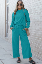 Double Take Full Size Textured Long Sleeve Top and Drawstring Pants Set - Life's Fun Treasures