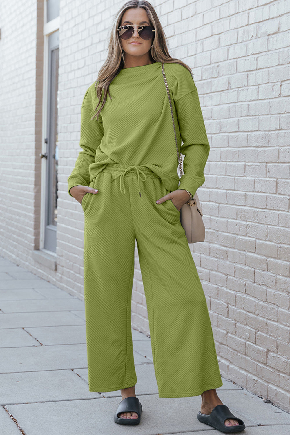 Double Take Full Size Textured Long Sleeve Top and Drawstring Pants Set - Life's Fun Treasures