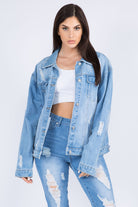 American Bazi Full Size Painted Back Distressed Denim Jacket - Life's Fun Treasures