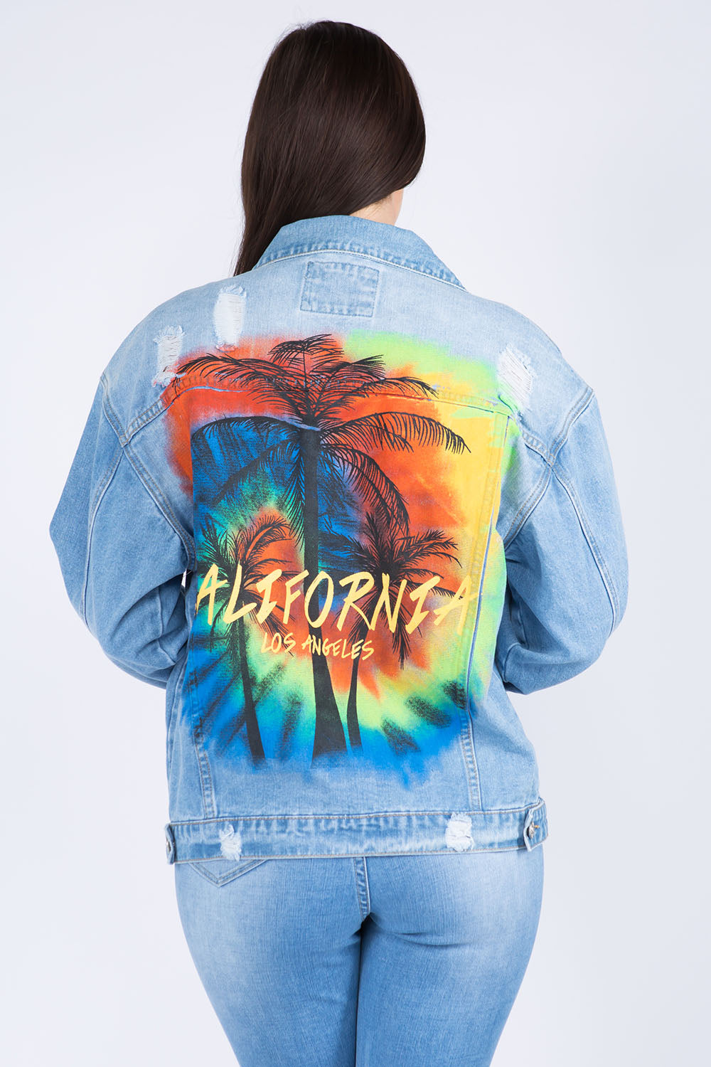 American Bazi Full Size Painted Back Distressed Denim Jacket - Life's Fun Treasures