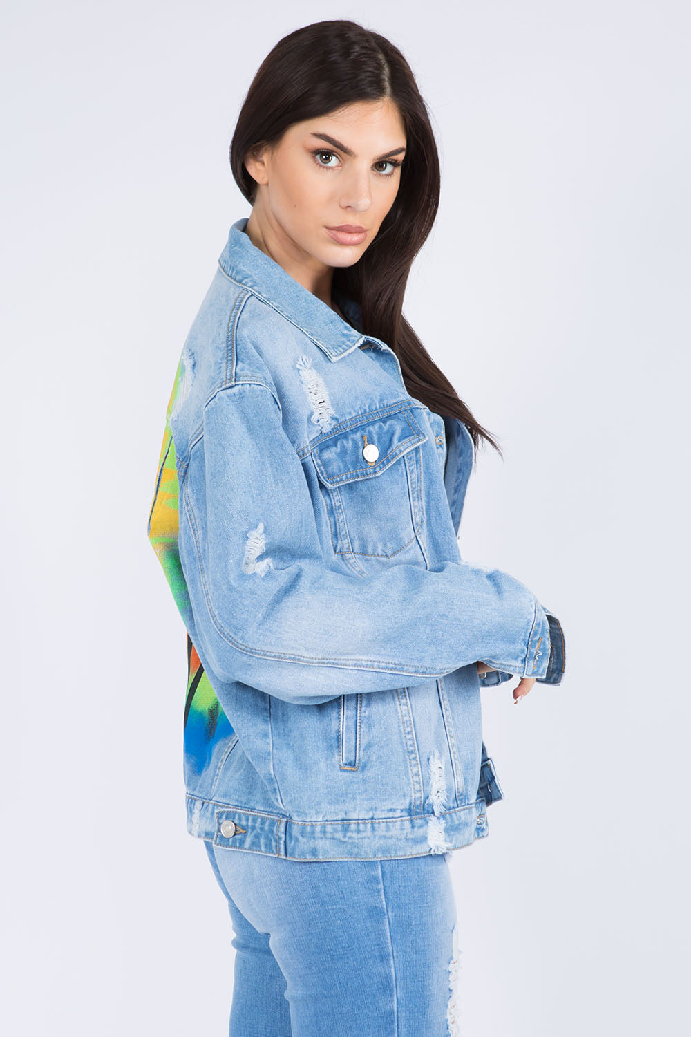 American Bazi Full Size Painted Back Distressed Denim Jacket - Life's Fun Treasures