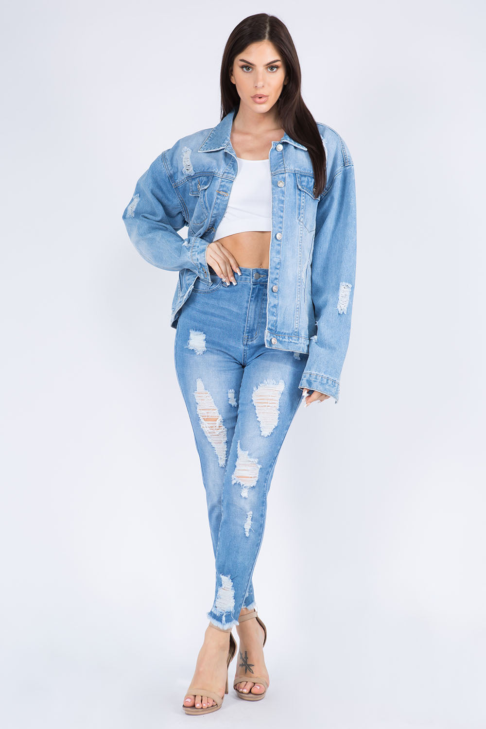 American Bazi Full Size Painted Back Distressed Denim Jacket - Life's Fun Treasures