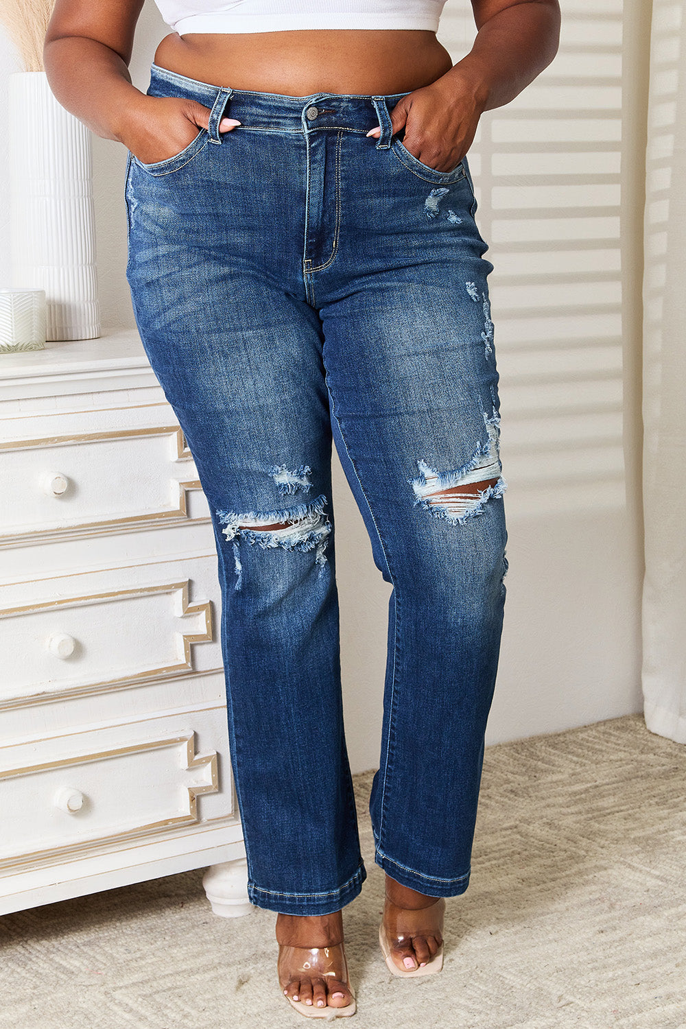 Judy Blue Full Size Mid Rise Hand Sand & Destroy Bootcut Jeans - Life's Fun Treasures