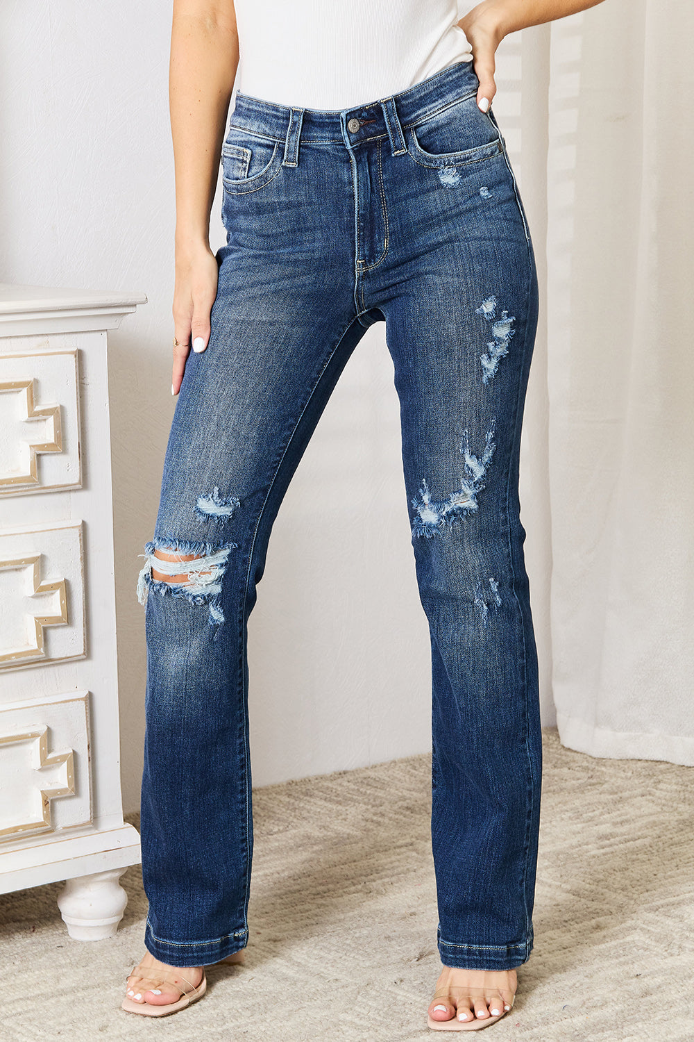 Judy Blue Full Size Mid Rise Hand Sand & Destroy Bootcut Jeans - Life's Fun Treasures
