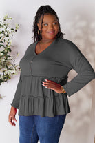 Double Take Half Button Long Sleeve Ruffle Hem Blouse - Life's Fun Treasures