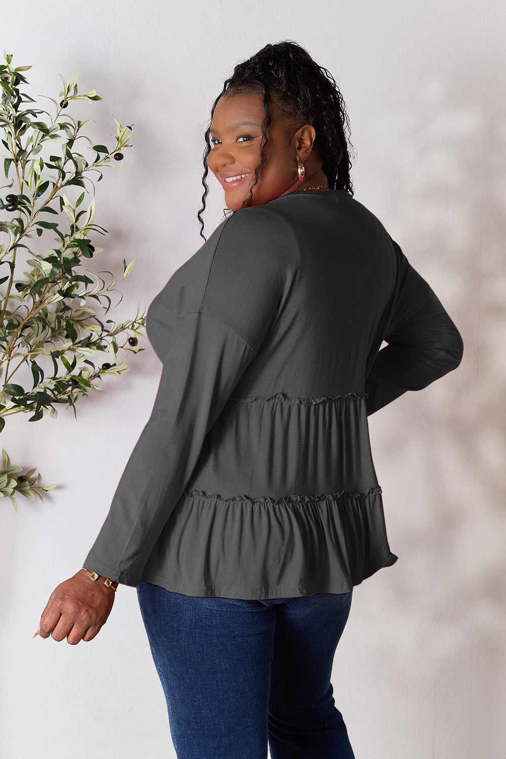 Double Take Half Button Long Sleeve Ruffle Hem Blouse - Life's Fun Treasures