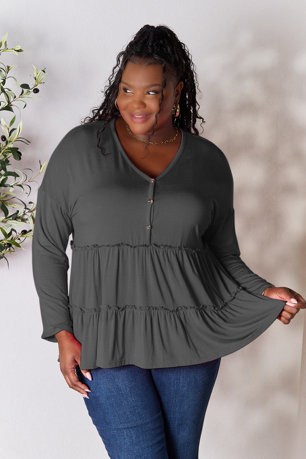 Double Take Half Button Long Sleeve Ruffle Hem Blouse - Life's Fun Treasures