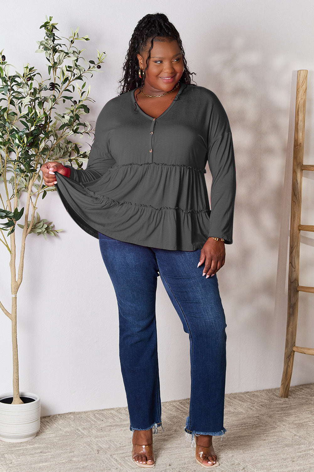 Double Take Half Button Long Sleeve Ruffle Hem Blouse - Life's Fun Treasures