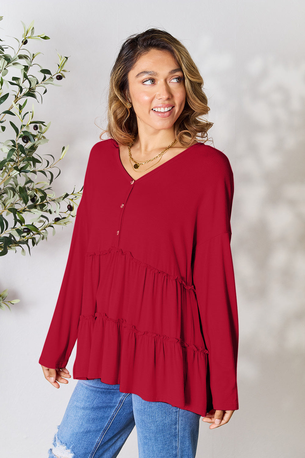 Double Take Half Button Long Sleeve Ruffle Hem Blouse - Life's Fun Treasures